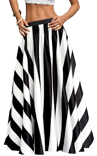 Sinono Women's Chiffon Stripe Maxi Skirt High Waist Mopping Floor Skirts (Medium, 2-Black)
