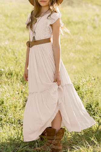 MITILLY Girls Lace Flower Ruffle Sleeve A-Line Swing Wedding Party Maxi Dress with Pockets4