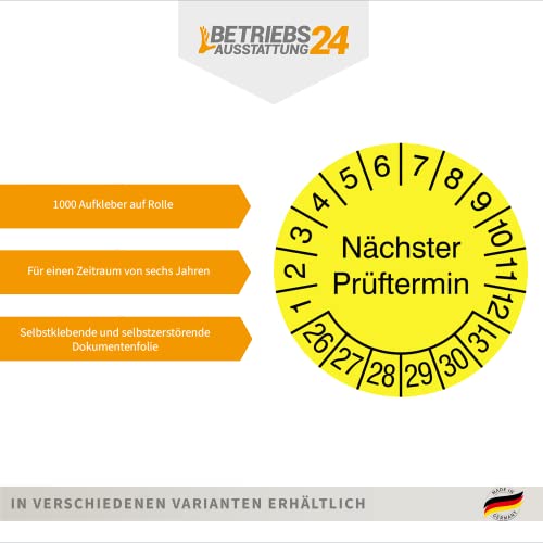 Betriebsausstattung24 Prüfplakette „Nächster Prüftermin“ - Rolle mit 1000 Stück - Fälschungssicher - Dokumentenfolie, selbstklebend Ø 3,0 cm - gelb/schwarz - Jahre: 2026 – 2031 - Prüfetiketten