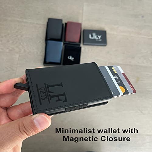 Personalized Minimalist Genuine Leather Wallet with Magnetic Closure. Handwriting Customized Engraved Slim Pop-Up RFID Credit Card Holder. Christmas gift for Man and Women.3