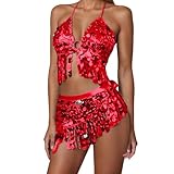 Damen Bauchtanz Kostüm Set Pailletten Tanzkleidung Mit Oberteil Und Rock Fransen Münzen Belly Dance Outfit Ideal Für Bauchtanz Performances Kostümparteien Und Kulturveranstaltungen Rot Einheitsgröße