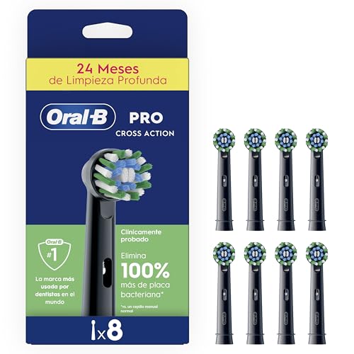 Oral B Pro CrossAction Cabezales De Recambio ORIGINALES para Cepillo Eléctrico Oral B Pro, Pack De 8 Recambios Negros Con Indicador De Uso Y Filamentos En Forma De X Para Una Limpieza Profunda
