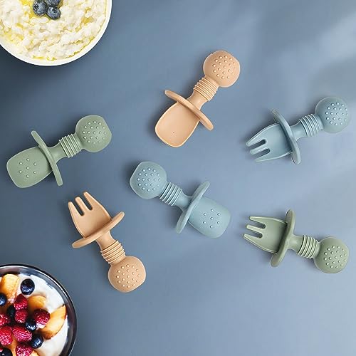Image of Eascrozn Baby Spoons and Forks Feeding Set, 6 Pack Silicone First Stage Self Feeding Toddler Utensils, BPA Free, Baby Led Weaning Supplies for Training Spoons