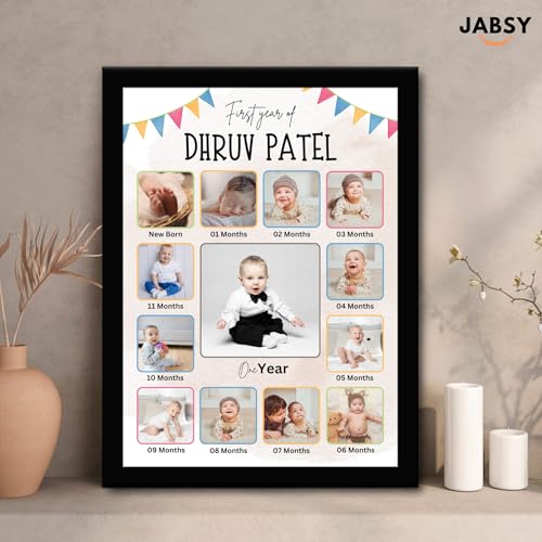 Image of 12 months baby photo frame | 01st Birthday Photo Frame | One Year of Birthday Photo Frame | Personalized 12 Images With Texts | Best Gift (BABY 12 MONTH)