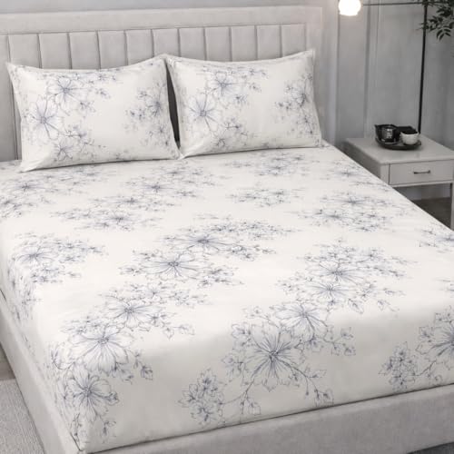 Image of Cotton Feel King Size Flat Bedsheet for Double Bed (90 x 100 Inches | 230 x 250 cm) with 2 Pillow Covers | Soft & Smooth Printed Bedsheet for Daily Use (WhiteFlowers, King Bed-90x100)