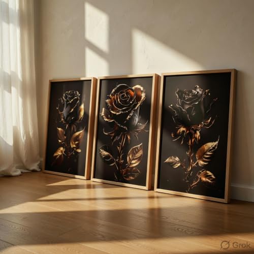 Image of Livin'luxe Black Gold Rose Wall Painting Set of 3 with Wooden Frames | Luxury Floral Artwork HD Sparkle Laminated MDF Wall Decor | Elegant Rose Wall Art for Living Room Bedroom Office
