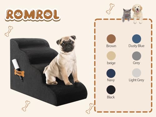 ROMROL Hundetreppe 4 Stufen – rutschfeste Haustiertreppe für kleine Hunde & Katzen – Waschbarer Bezug, Hochdichter Memory-Schaum – Weiche Einstiegshilfe für Sofa & Bett – Gelenkschonend, Schwarz