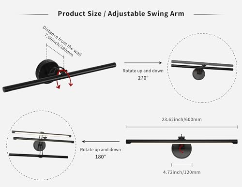 7Degobii Picture Light Dimmable Hard Wired 23.62 Inch Adjustable Swing Arm Black Wall Lights for Pictures Led Display Light for Artwork 14W Warm White by 7Degobii - Used condition - Image 5