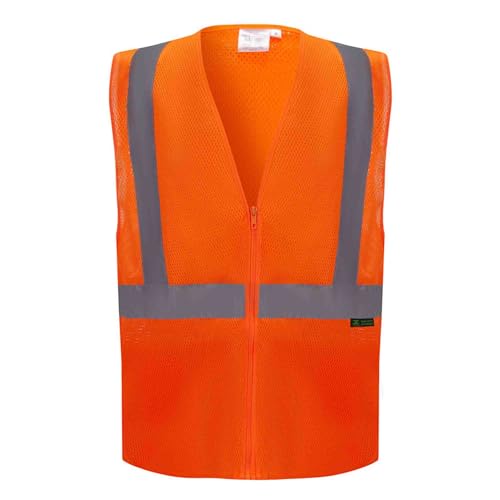 3C Products SV1400, ANSI/ISEA Class 2, High Visibility Cool Mesh Safety Vest with Zipper, Reflective, 2-Inside Pockets, Neon Orange, XL