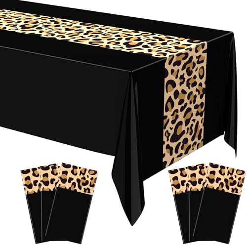 Image of Buryeah Leopard Print Tablecloth 54 x 108'' Leopard Plastic Table Cover Disposable Safari Animal Cheetah Print Party Decorations for Baby Shower Wedding Birthday Party Favors(Black,6 Pcs)