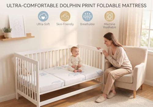 Image of 38 inch x 26 inch Dual-Sided Memory Foam Tri-Fold Pack and Play Mattress - Breathable, Removable Cover & Carry Bag Included