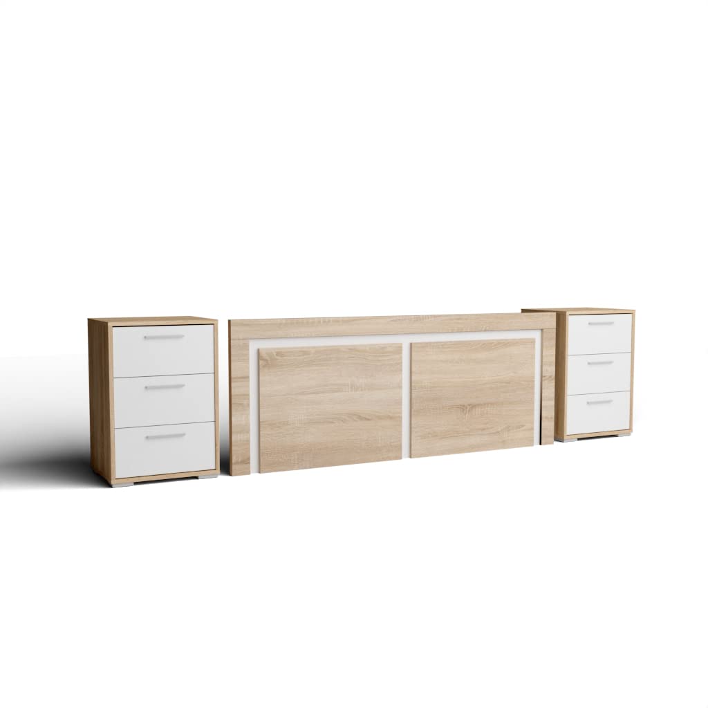 Buyqualia Cabecero para Cama y Dos mesitas de Noche (Pata Baja, 3 Cajones)