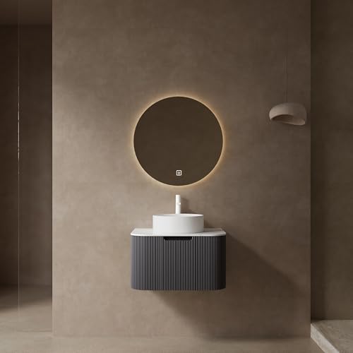 Image of KEIKI 24 inch Wall-Mounted Floating Bathroom Vanity with Sink Combo, Modern 3D Striped Storage Cabinet with Curved Edges & Soft-Close Drawer, Ceramic Basin Without Faucet, Black