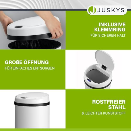Juskys Mülleimer Küche mit Bewegungssensor Weiß 30L - Runder Abfalleimer mit Klemmring für Müllbeutel - Rostfreier Stahl - Kontaktloses… – Ansicht 4