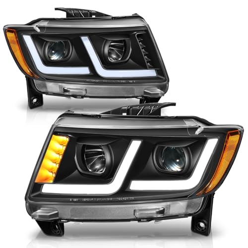 Auto Dynasty LED DRL Headlights Assembly Compatible with 2011 2012 2013 Jeep Grand Cherokee Driver and Passenger Side Headlamps w/Dual L-Tube DRL Projector Low Beam Black Housing Amber Corner