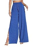 Dokotoo Womens Vacation Cover Up Boho Palazzo Pants Drawstring Casual Solid High Waisted Elastic Side Split Tassel Wide Leg Pants for Women Ladies Holiday Soft Lounge Yoga Trousers Blue XL
