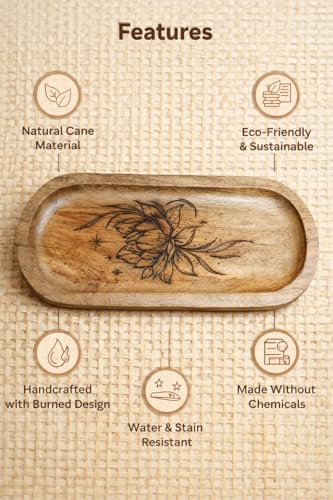 Image of Wooden Jewelry Tray, Oval Shape, L x B x H = 10 x 5 x 0.5 Inch Floral Design, Natural Wood Finish, Organizer for Rings, Necklaces, Earrings And Snacks Serving (lotus 4)