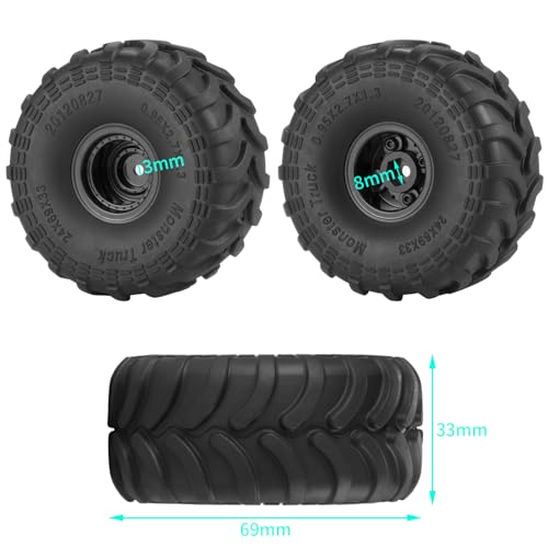 QUPA AM STORE 4PCS RC 1.0 Wheels and Rubber Tires Set Monster Truck Wheel Rims Tire Set for 1/18 TRX4M 1/24 SCX24 Upgrade FMS FCX24 RC Crawler Car - Thumbnail 3