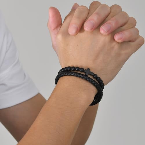 Mens Cross Bead Braided Genuine Leather Bracelet, Black Gemstone Agate Onyx Beaded Rosary Obsidian Bangle, Faith Religious Easter Catholic Christian Communion Baptism Christmas Jewelry Gift for Men3