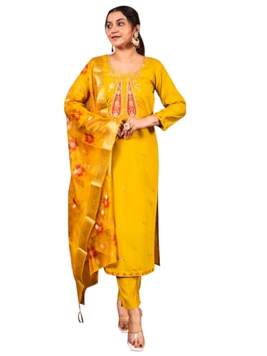 Image of VredeVogel Women's Beads Embroidered Silk Blend Kurta Pant Set with Organza Dupatta | Perfect for Festive & Casual Ethnic Kurta Set for Women