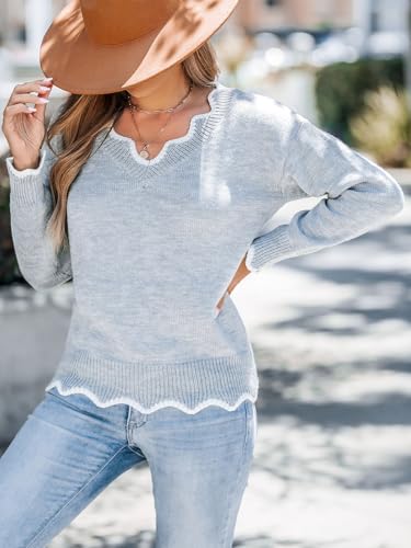 Image of CUPSHE Women Long Sleeve Scalloped Sweaters 2024 Trendy Casual V Neck Knit Pullover Jumper Tops