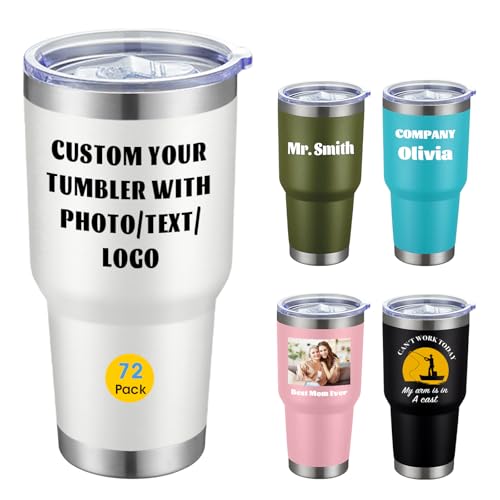 COMOOO Personalized 30oz Tumbler, Custom Stainless Steel Insulated Mug with Lid, Insulated Tumbler Gift with Text, Photo, Logo for Men, Women, Friends, White, 72 Pack