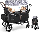 ELEMARA Wagon Stroller 4 Seater, Premium Stroller Wagon for 4 Kids, Foldable All-Terrain Wagon for Kids with Canopy, Adjustable Push/Pull Handles,Convertible High Seat&Organizer, Black+Purple