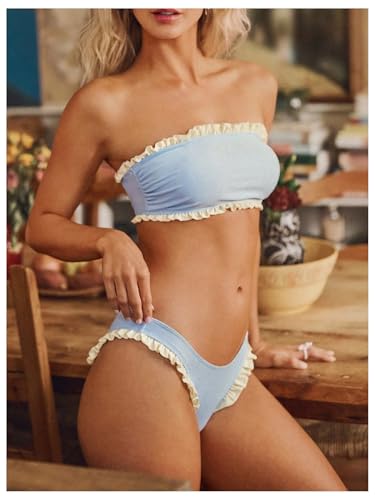 SOLY HUX Bandeau Bikini Sets for Women Ruffle Trim Strapless High Waisted Bathing Suit Two Piece Swimsuit3