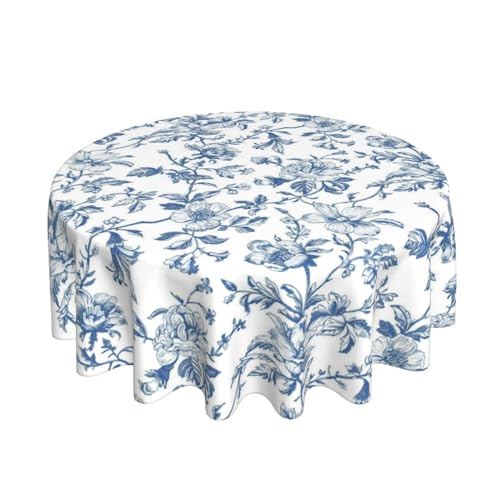 Blue Floral Round Tablecloth 70 Inch Chinoiserie Flower Toile Blue Table Cloth Vintage Polyester Fabric Farmhouse Round Floral Table Cover for Party Dining Picnic Kitchen Decor Indoor Outdoor