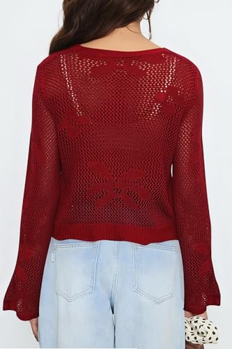 Image of Balimtoy Women Tie Front Cardigan Crochet Sweater Crop Tops Cute Bell Long Sleeve Knit Shrug Beach Vacation Cover Up