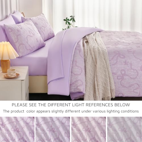 Image of PERFEMET Twin Comforter Set for Girls Purple, 5 Pieces Elegant Embossed Bow Bedding Twin Bed in a Bag Set, Soft Cute Bowknot Jacquard Comforter with Sheet Sets for All Seasons