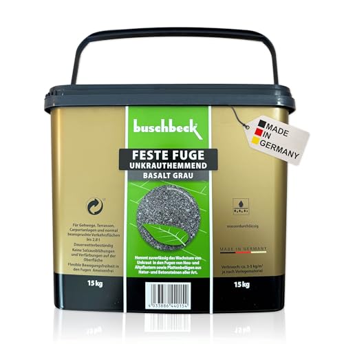 Buschbeck Feste Fuge Fugenmörtel außen | selbsthärtender Fugensand | unkrautfrei & ameisenhemmend | wasserdurchlässig | anwendungsfertig | Terrassen & Hofeinfahrten (Basalt grau) | 15kg Buschbeck Feste Fuge Fugenmörtel außen | selbsthärtender Fugensand | unkrautfrei & ameisenhemmend | wasserdurchlässig | anwendungsfertig | Terrassen & Hofeinfahrten (Basalt grau) | 15kg