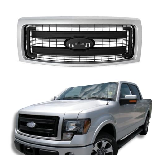 ONEPI Ingot Silver Front Grill Compatible with Ford F150 FX2/FX4/King Ranch/Lariat/Limited/Platinum/STX/XL/XLT 2009 2010 2011 2012 2013 2014 Models, W/ 2 Horizontal Bar, No Emblem -  BYOP-510-4