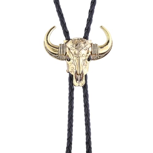 Image of GelConnie Longhorn Bull Bolo Tie for Men Native American Western Cowboy Leather Necktie Bolo Necklace for Women Gold Texas