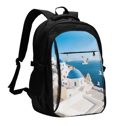 QMNRTK Travel Laptop Backpack Business Backpack for Men Women Santorini Greek Island Travel Backpack with USB Charging Port