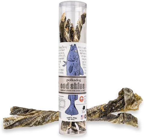 Polkadog Cod Skins for Dogs (4.7oz Regular) – Single Ingredient, Wild-Caught Fish Skin Dog Treats for All Breeds – High in Lean Protein & Omega-3. Hypoallergenic, Grain Free. Handcrafted & Made in USA