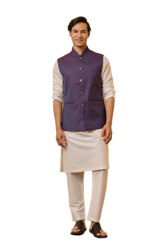 Medium Blue Classic Jacquard Bundi | Ethnic WEAR | Medium Blue | XS-image-3