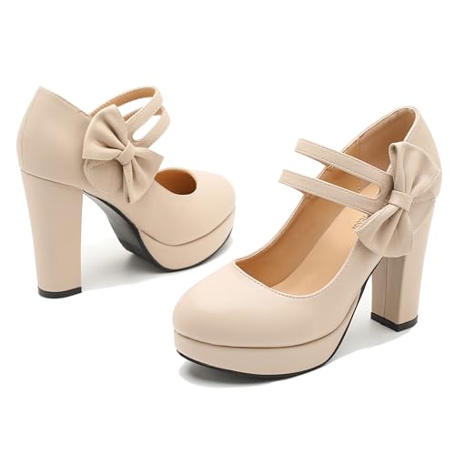 Image of MAIERNISI JESSI Women's Platform Mary Jane Pumps with Bow, 3.94 Inch Block Heel Dress Shoes