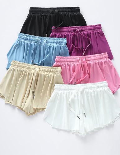 Image of 1 or 3 Pack Girls Flowy Shorts with Spandex Liner & Pocket, 2-in-1 Athletic Butterfly Shorts for Running Dance