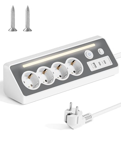 Steckdosenleiste mit USB (2 Type-C), 4 Fach Desktop Mehrfachsteckdose und LED Licht Steckerleiste Uberspannungsschutz 3680W 16A 90° Mehrfachstecker Tischsteckdose mit 2 Schalter fur Kuche, Buro, Heim