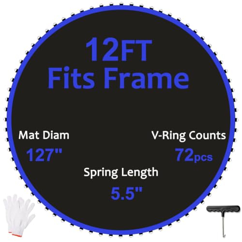 Image of CIDNN Replacement Trampoline Mat, Heavy-Duty, UV-Resistant & Durable Bounce Pad for Round Trampolines - Perfect for Safe & Fun Jumping (12FT|127" Dia|72 V-Rings|Fits 5.5" Springs Length)