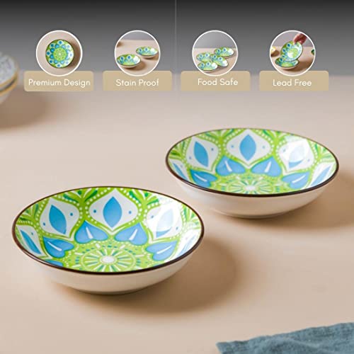 Image of Nestasia Ceramic Round Snack Plate Set of 4 (5.5 Inch Each) - Floral Patterned Dahi Bhalla Plate for Serving Chaat, Halwa, Chakna, & Desserts | Microwave & Dishwasher Safe Small Plate (Green & Blue)