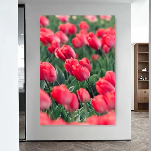 Peinture sur toile fleurs rouges 40x60cm encadrée pour décoration moderne