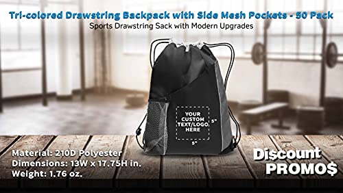 DISCOUNT PROMOS 50 Side Mesh Pockets Drawstring Backpacks Set - Customizable Text, Logo - Tri Color, Front Pocket, Side Mesh - Black4