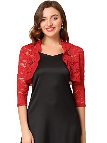 Image of Allegra K Women's Elegant Lace Cardigan Ruffle Collar Crop 3 /4 Sleeve Sheer Bolero Floral Lace Shrug Top