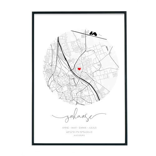 Koordinaten Poster Personalisiert - Familienposter als Geschenk zum Einzug Umzug Neubau Eigenheim Richtfest Bauplatz für Freunde & Familie - Größen und Rahmen optional (Rund Stadtkarte)