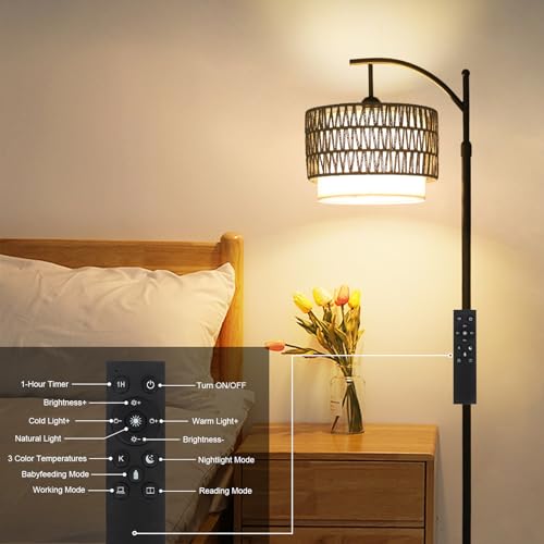 Image of eyassi Floor Lamps for Living Room, Arc Standing Lamp with Remote & Dimmable Bulb, Boho Rattan Floor Lamp for Bedroom with 3 Color Temperatures, Farmhouse Tall Lamp, Height Adjustable Stand up Lamp