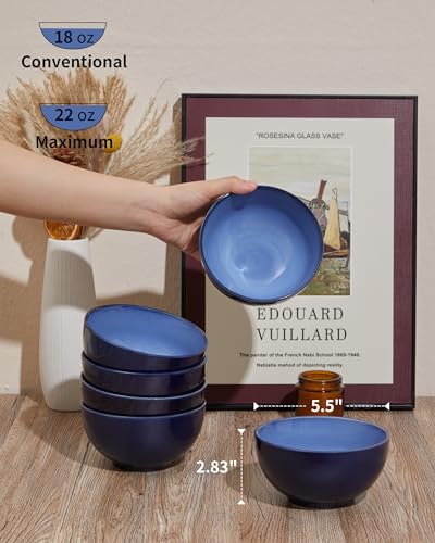 Image of Pokini 5.5 inch Stoneware Cereal Bowls Set of 6, 22 Oz Soup Bowls Set | Reactive Glaze Cereal Bowls Set for Cereal Soup Snacks, Kitchen Bowls for Meal, Dishwasher & Microwave Safe, Light Blue