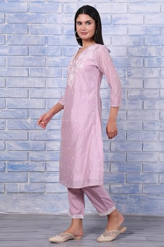 Image of W for Woman Embroidered Lace Cotton Blend Straight Kurta & Straight pant Set