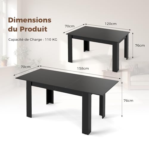 Table Extensible Bois Noir 120-158 cm 4-6p COSTWAY